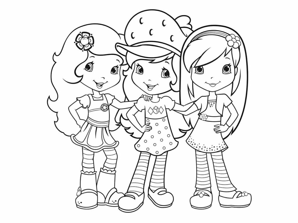 Desenho da Moranguinho e suas amigas para colorir, em poses amigáveis.