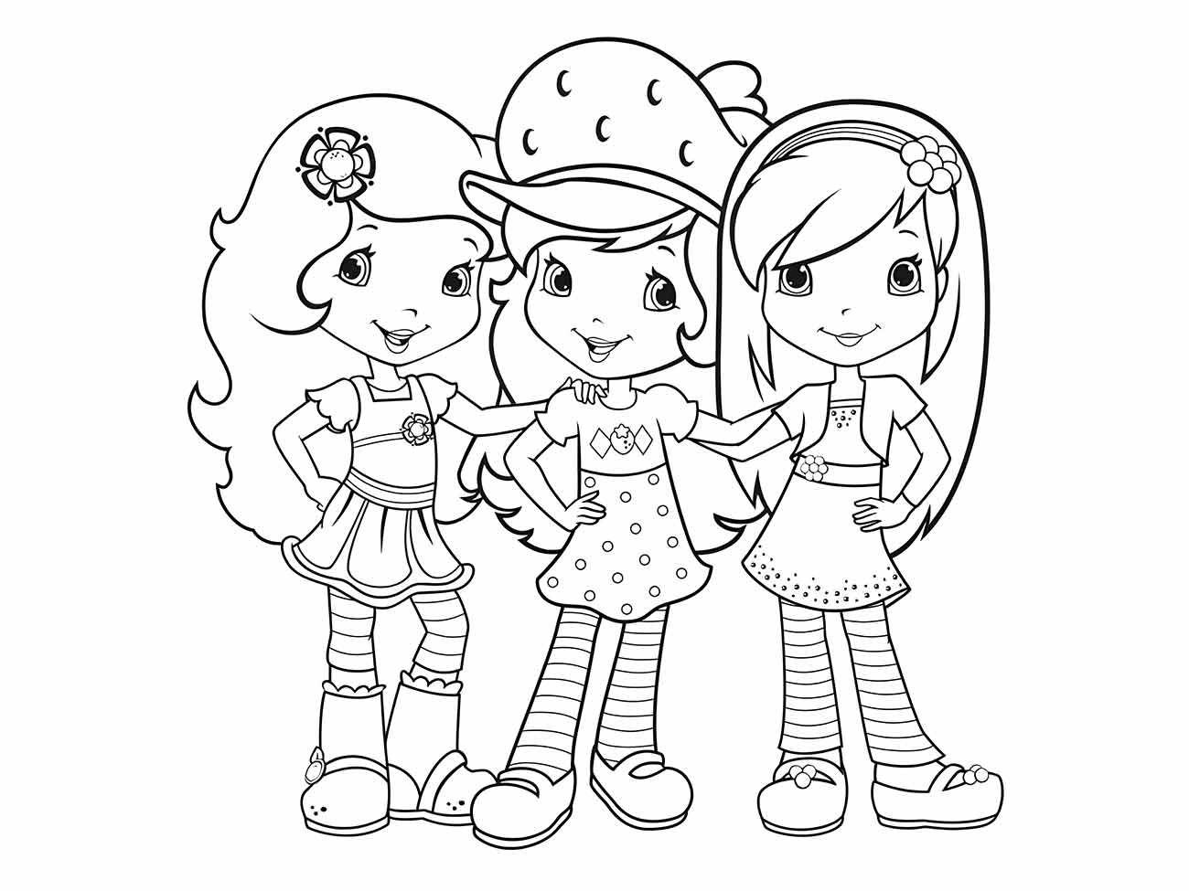 Desenho da Moranguinho e suas amigas para colorir, em poses amigáveis.