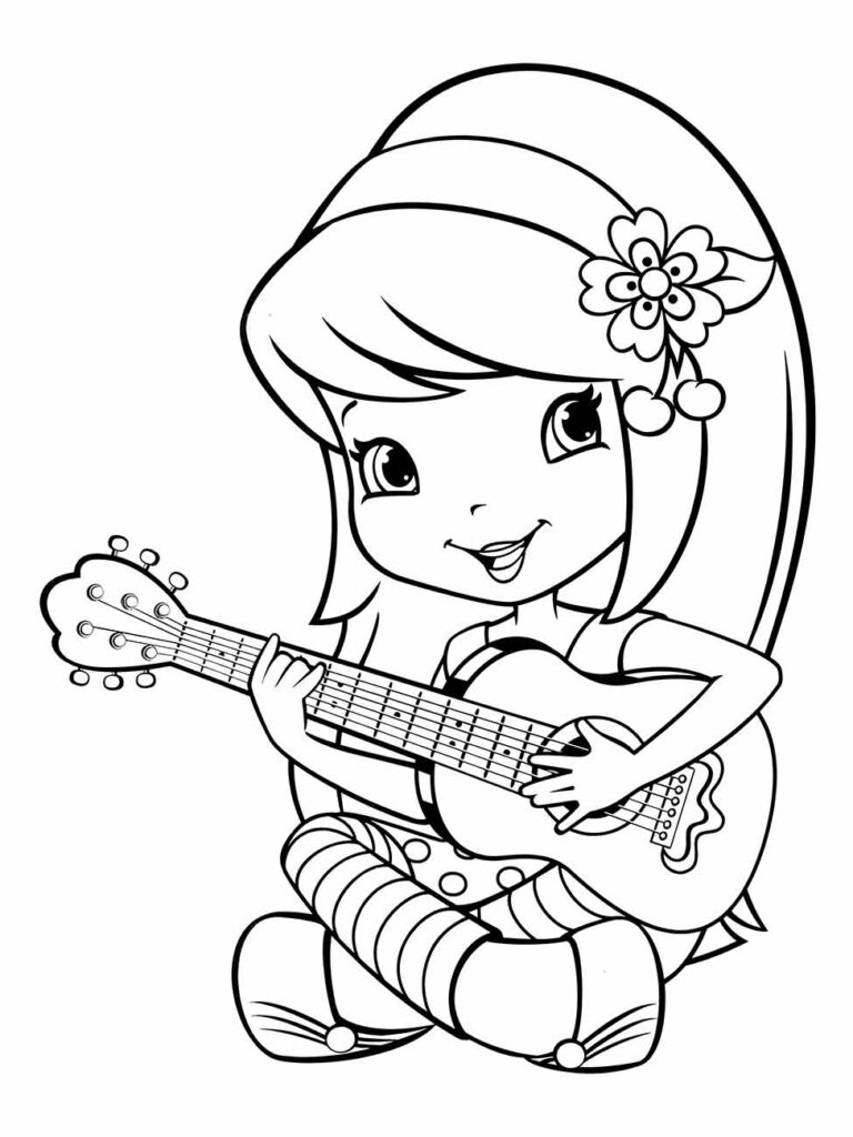 Desenho da Moranguinho para colorir, tocando guitarra.