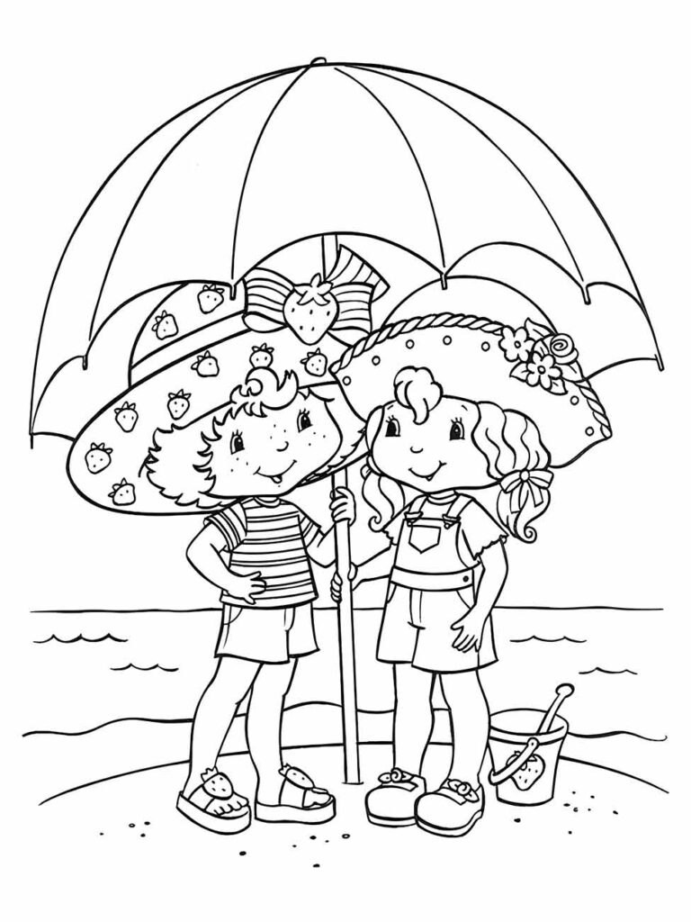 Desenhos para colorir da Moranguinho e sua amiga sob um guarda-chuva na praia.