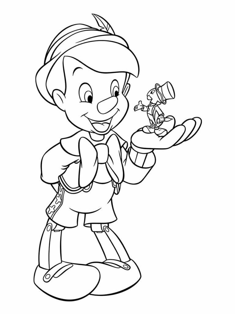 Desenho para colorir e imprimir do Pinóquio de pé, sorrindo, com Grilo Falante.