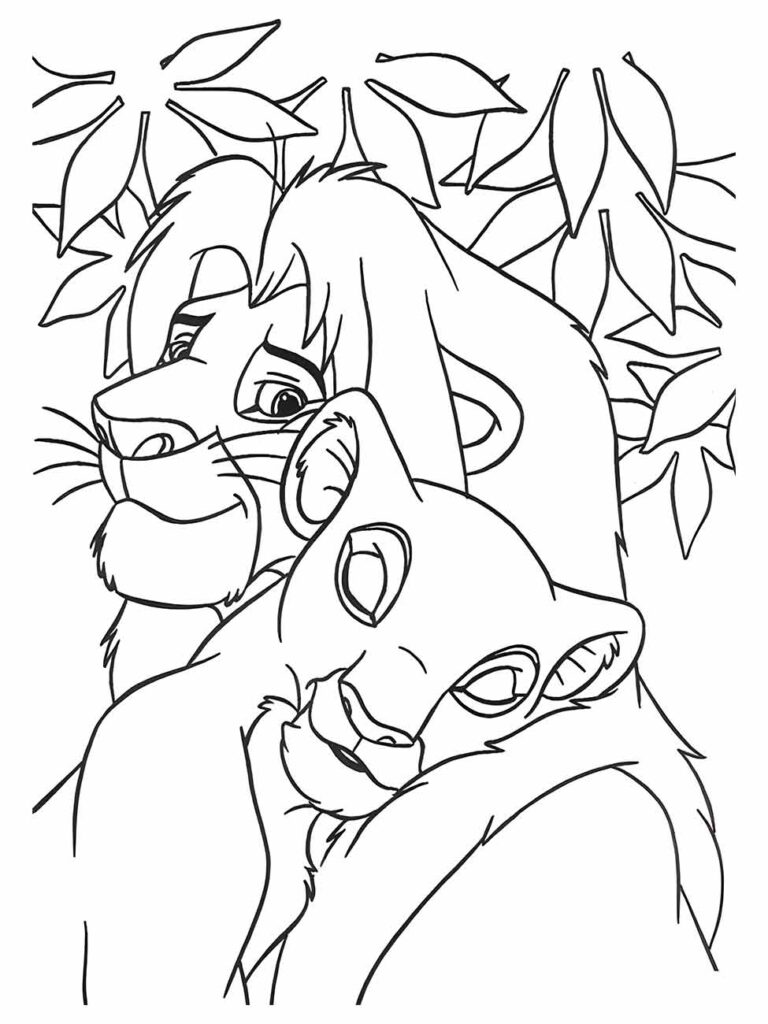 Desenho para colorir do Rei Leão com Simba e Nala abraçados sob folhagens.