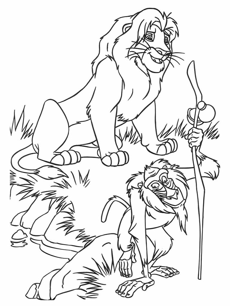 Desenho para colorir e imprimir do Rei Leão com Simba, Mufasa, e Rafiki, ideal para crianças.