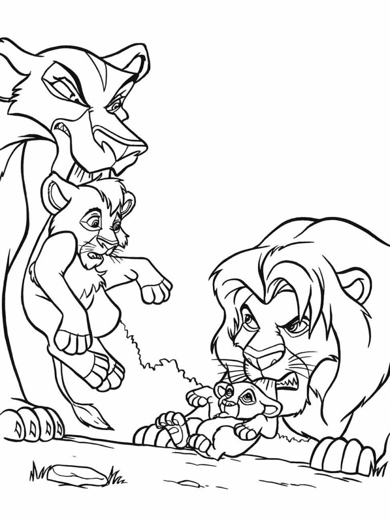 Desenho para colorir do Rei Leão com Simba, Scar, e outros personagens em uma cena de ação.