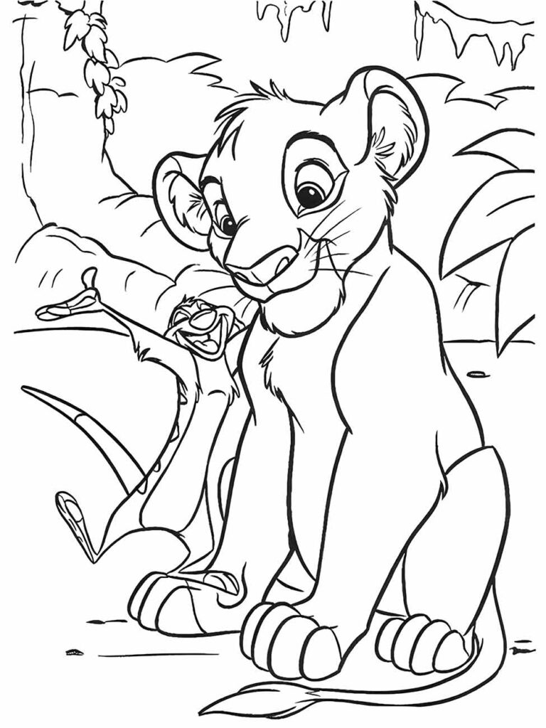 Desenho do Rei Leão para colorir apresentando Simba jovem e Timão em uma cena amigável.