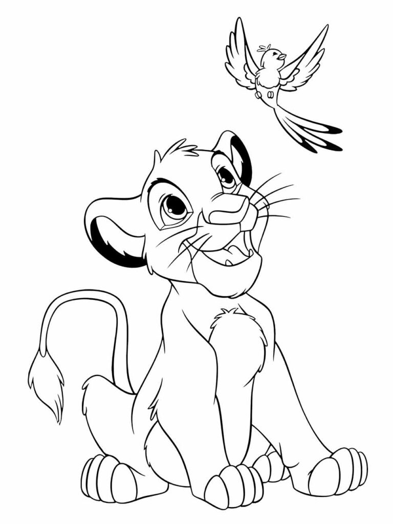 Desenho para colorir do Rei Leão com Simba jovem olhando para cima, com um pássaro voando ao redor.