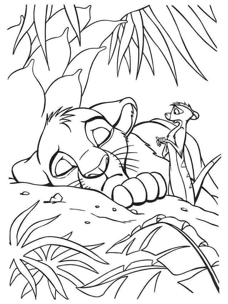 Desenho para colorir e imprimir do Rei Leão com Simba jovem deitado, e Timão em pé ao lado.