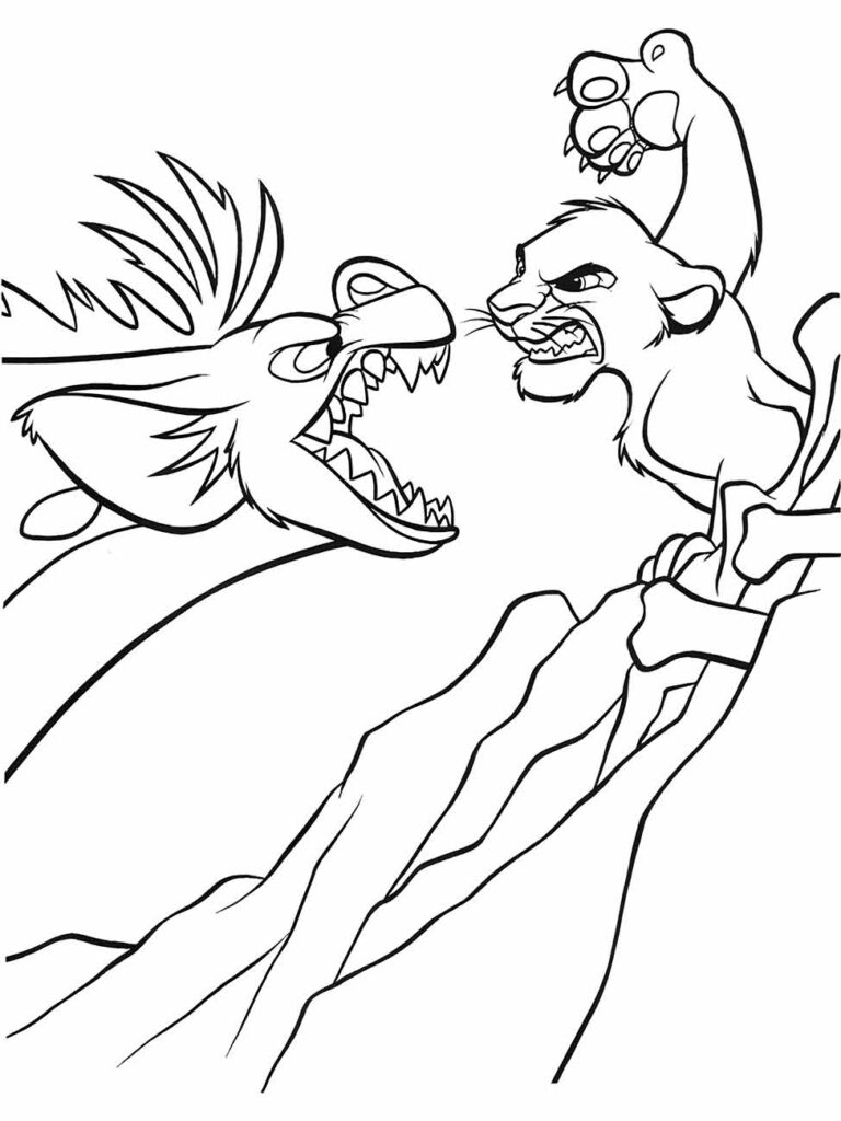Desenho para colorir do Rei Leão com Simba em um momento tenso, com uma das hienas.