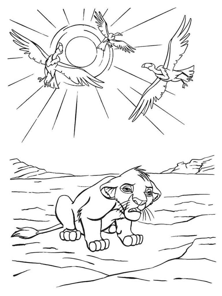 Desenho do Rei Leão para colorir com Simba filhote e urubus voando acima dele.