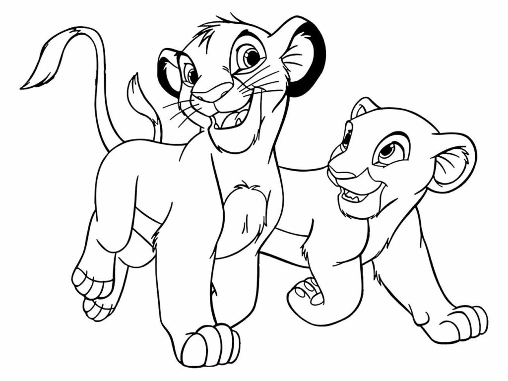 Desenho para colorir e imprimir do Rei Leão com Simba e Nala jovens brincando.