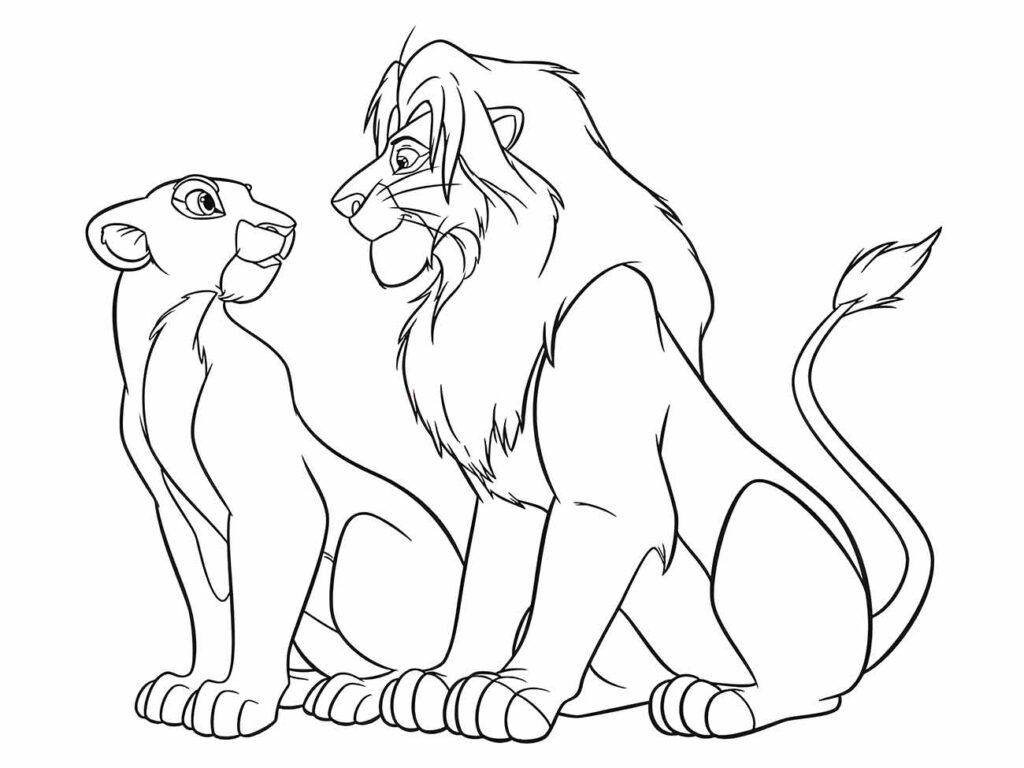 Desenho do Rei Leão para colorir com Sarabi admirando Mufasa, ótimo para pintar e imprimir.