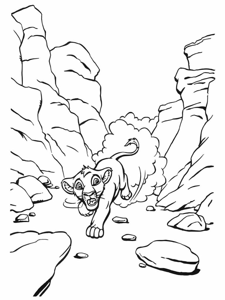 Rei Leão para colorir e imprimir com Simba em uma fuga explosiva entre rochas, ideal para os fãs.