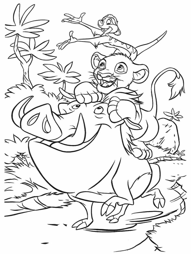 Desenho do Rei Leão para colorir com Simba cavalgando Pumba e Timão orientando, divertido para todas as idades.
