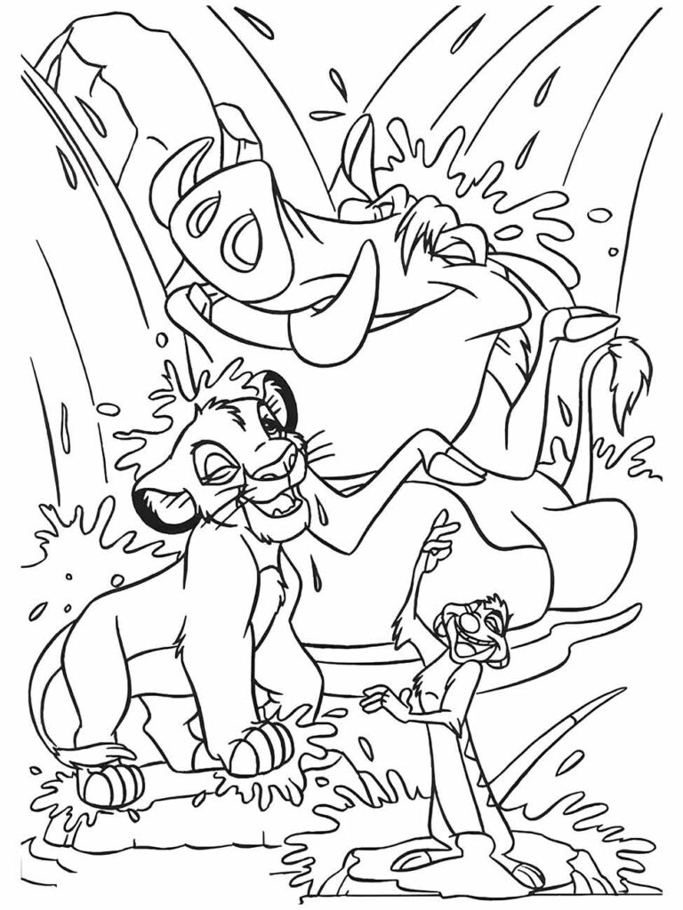Desenho para colorir do Rei Leão com Simba, Timão e Pumba se divertindo no esguicho de água.