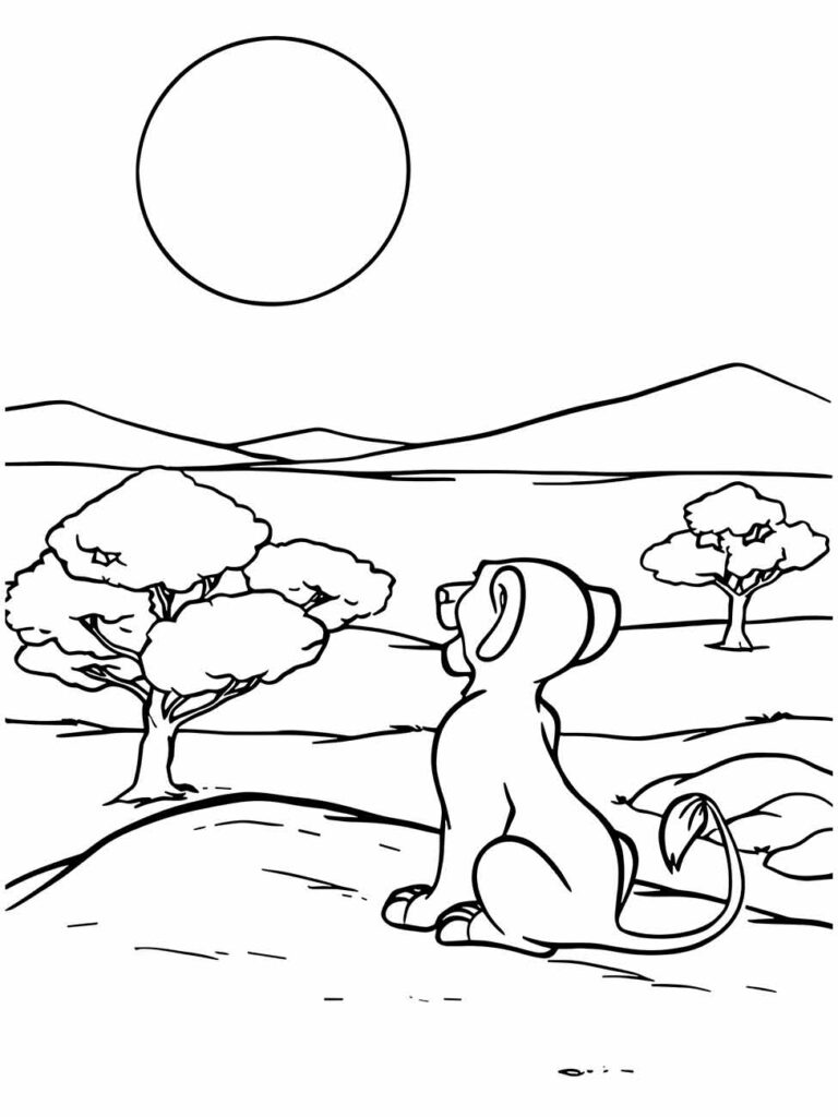 Desenho do Simba rei leão para colorir, olhando para o sol poente na savana africana.