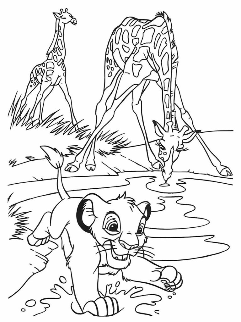 Desenho para colorir e imprimir do Rei Leão com Simba brincando perto de uma girafa bebendo água.