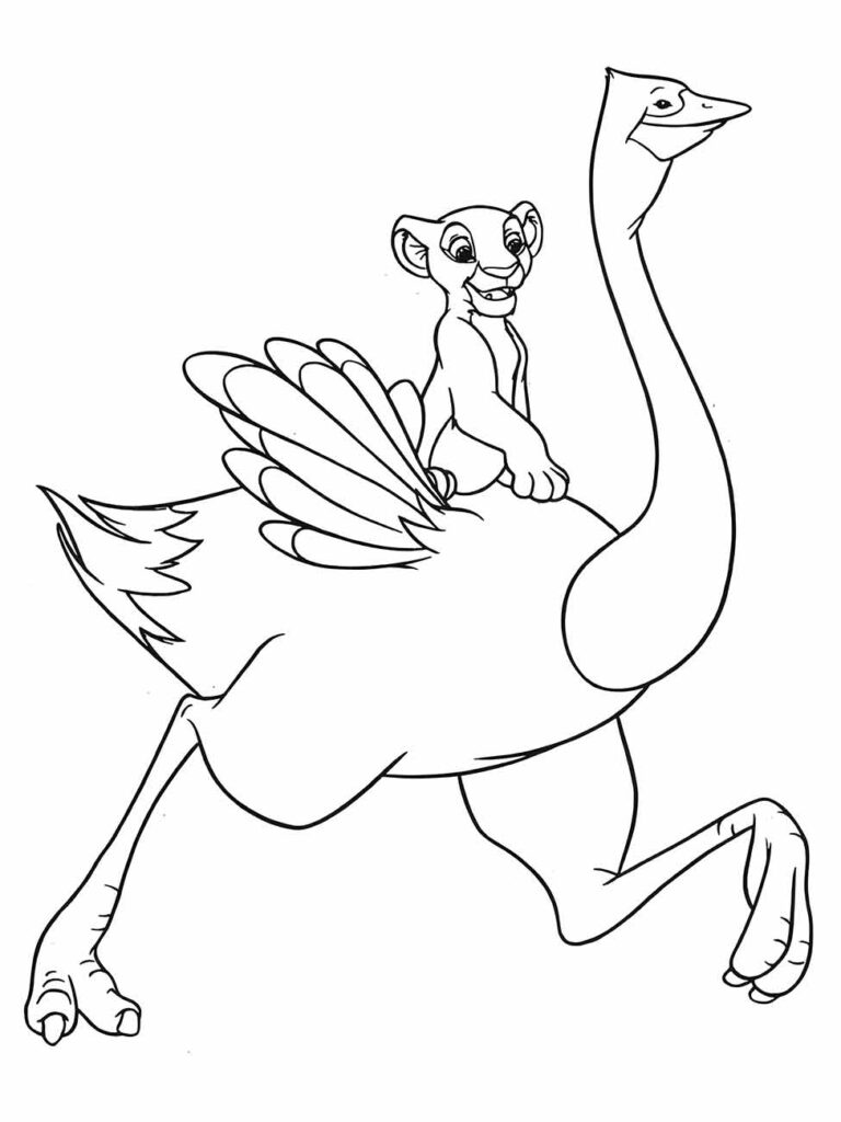 Desenho do Rei Leão para colorir mostrando Simba montado em um avestruz em movimento.