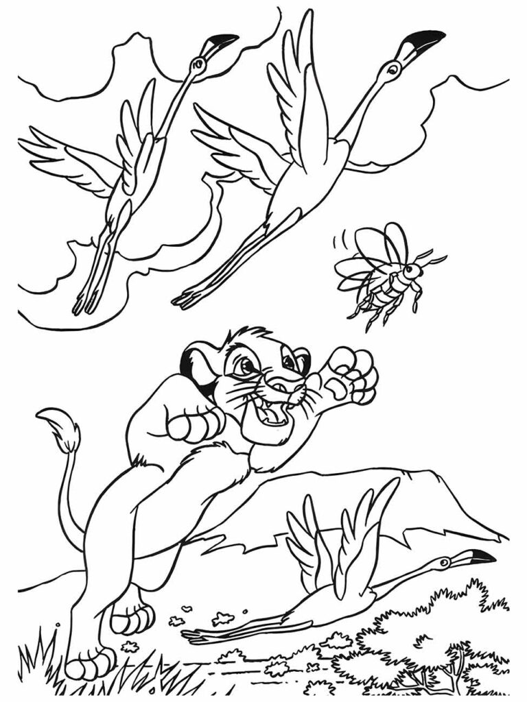 Desenho para colorir e imprimir do Rei Leão com Simba perseguindo cegonhas e um inseto.