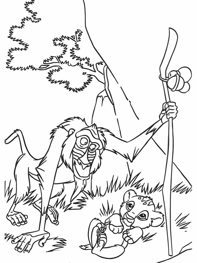 Desenho do Rei Leão para colorir apresentando Simba e Rafiki em uma cena de ensinamento.