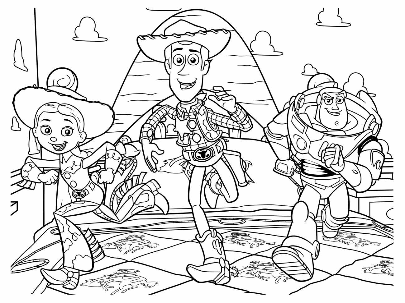 Desenhos de woody, jessie e buzz lightyear correndo, para imprimir e colorir