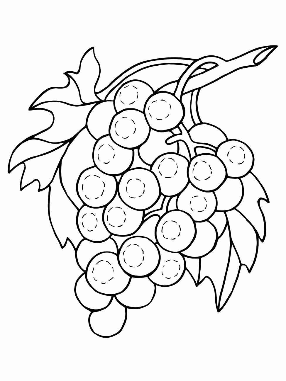 Desenho para colorir de um cacho de uvas com folhas detalhadas.