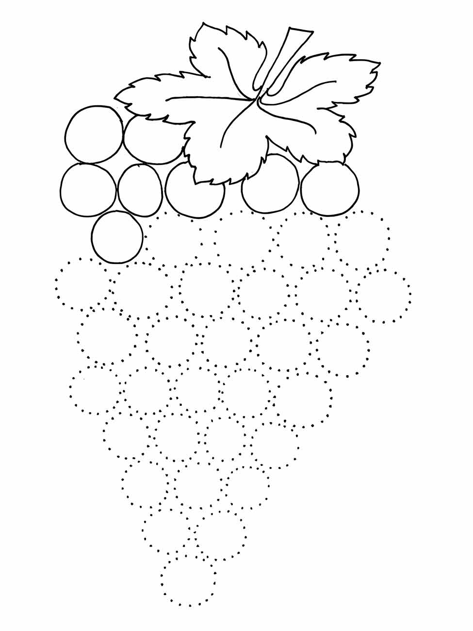 Desenho para colorir de um cacho de uvas com folha grande e pontos para conectar.