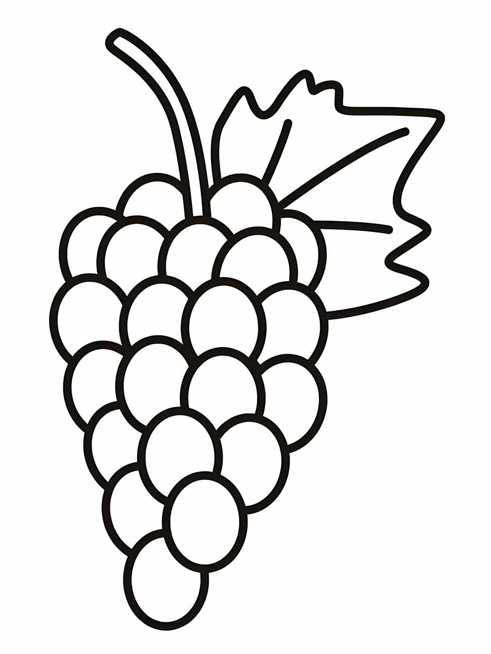 Desenho para colorir de um cacho de uvas simples com uma única folha ao lado.