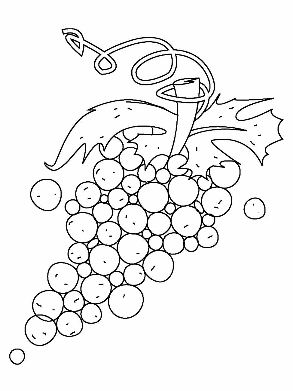 Desenho para colorir de um cacho de uvas soltas com folhas grandes