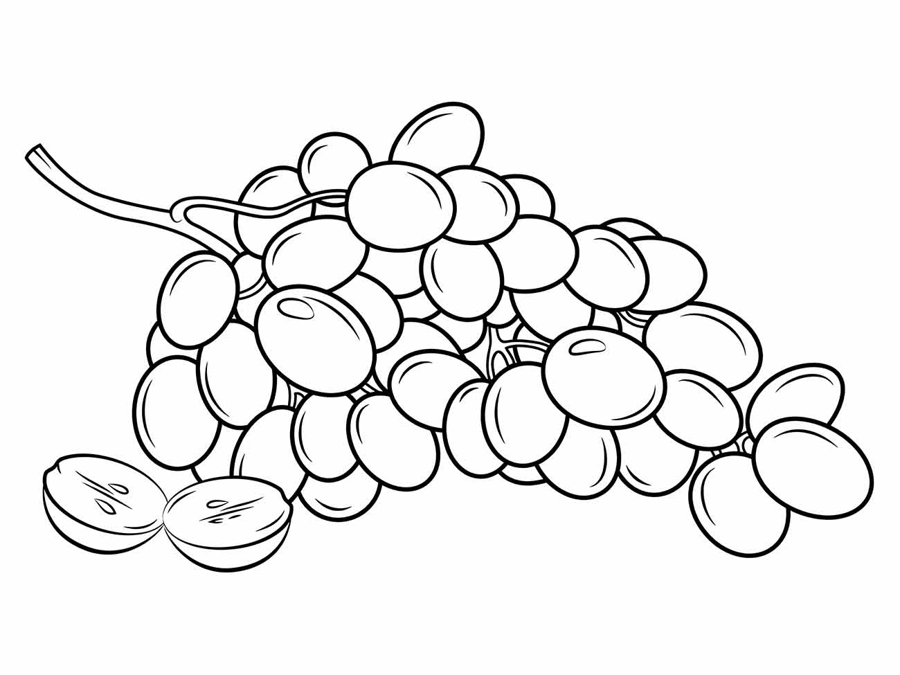 Desenho para colorir de um cacho de uvas volumoso com detalhe de uma uva cortada ao lado.