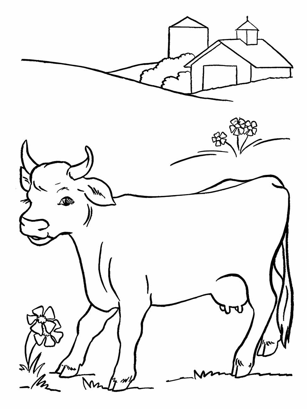 Desenho para colorir de uma vaca pastando com uma casa de fazenda ao fundo.