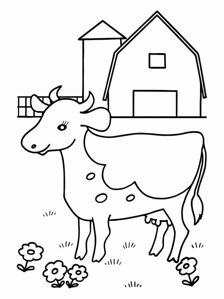 Desenho para colorir de uma vaca sorridente com manchas e flores ao redor.