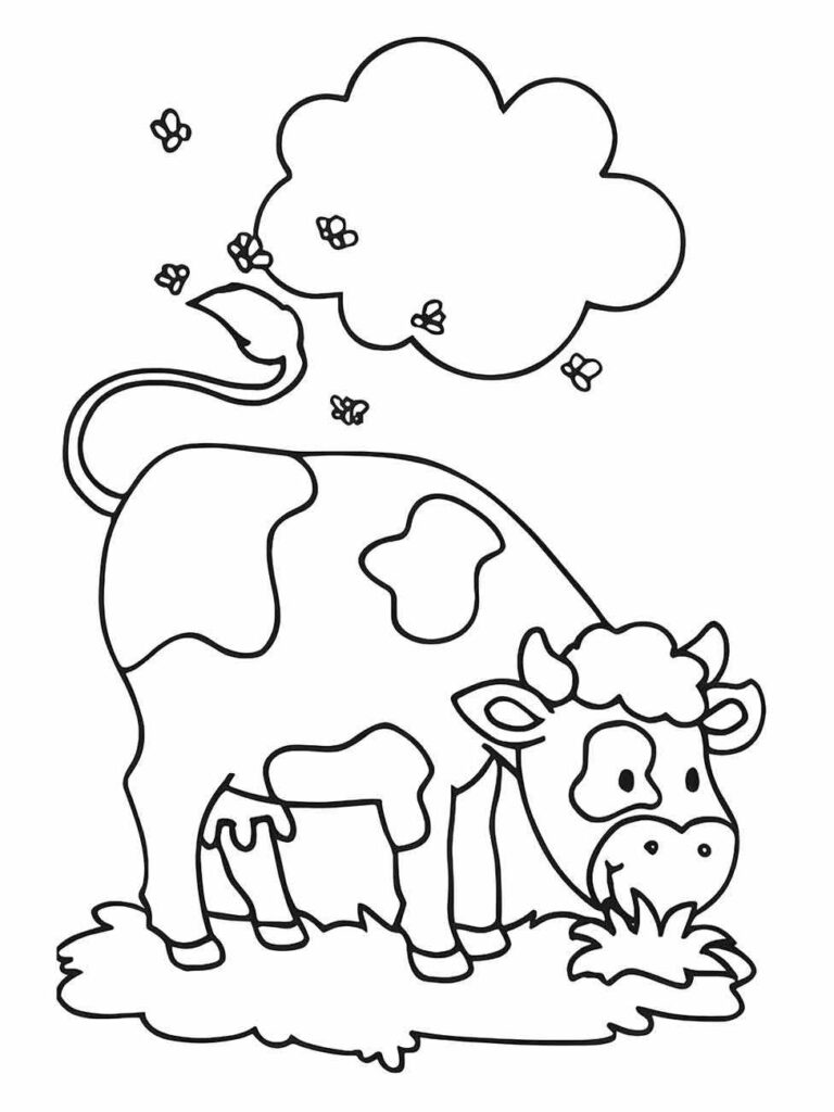 Desenho para colorir de uma vaca feliz com flores e borboletas no ar.