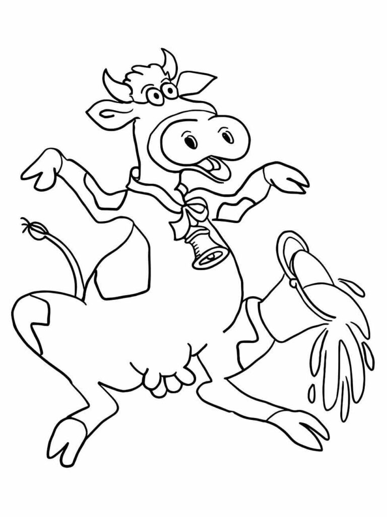 Desenho para colorir de uma vaca dançante com um sino e um sorriso grande.