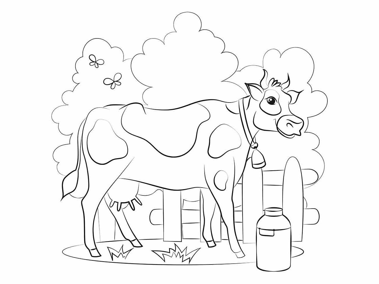 Desenho para colorir de uma vaca ao lado de uma cerca e jarro de leite.