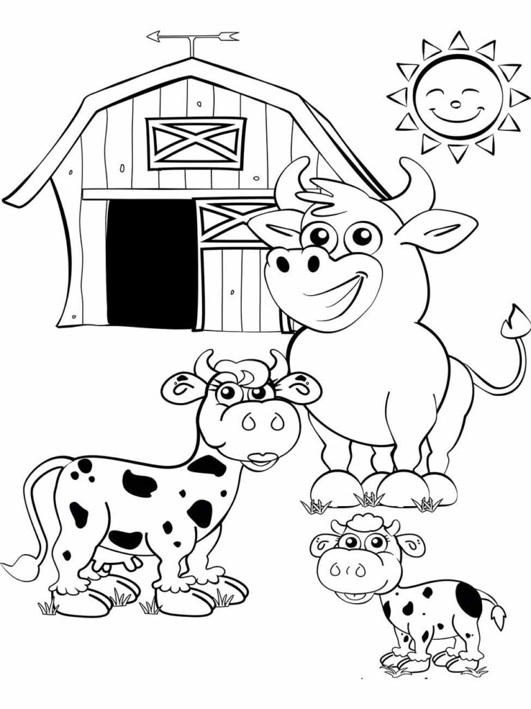 Desenho para colorir de uma vaca e dois bezerros com um celeiro e sol sorridente ao fundo.