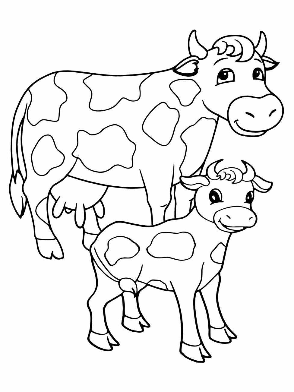 Desenho para colorir de uma vaca e seu bezerro com manchas, prontos para serem coloridos.