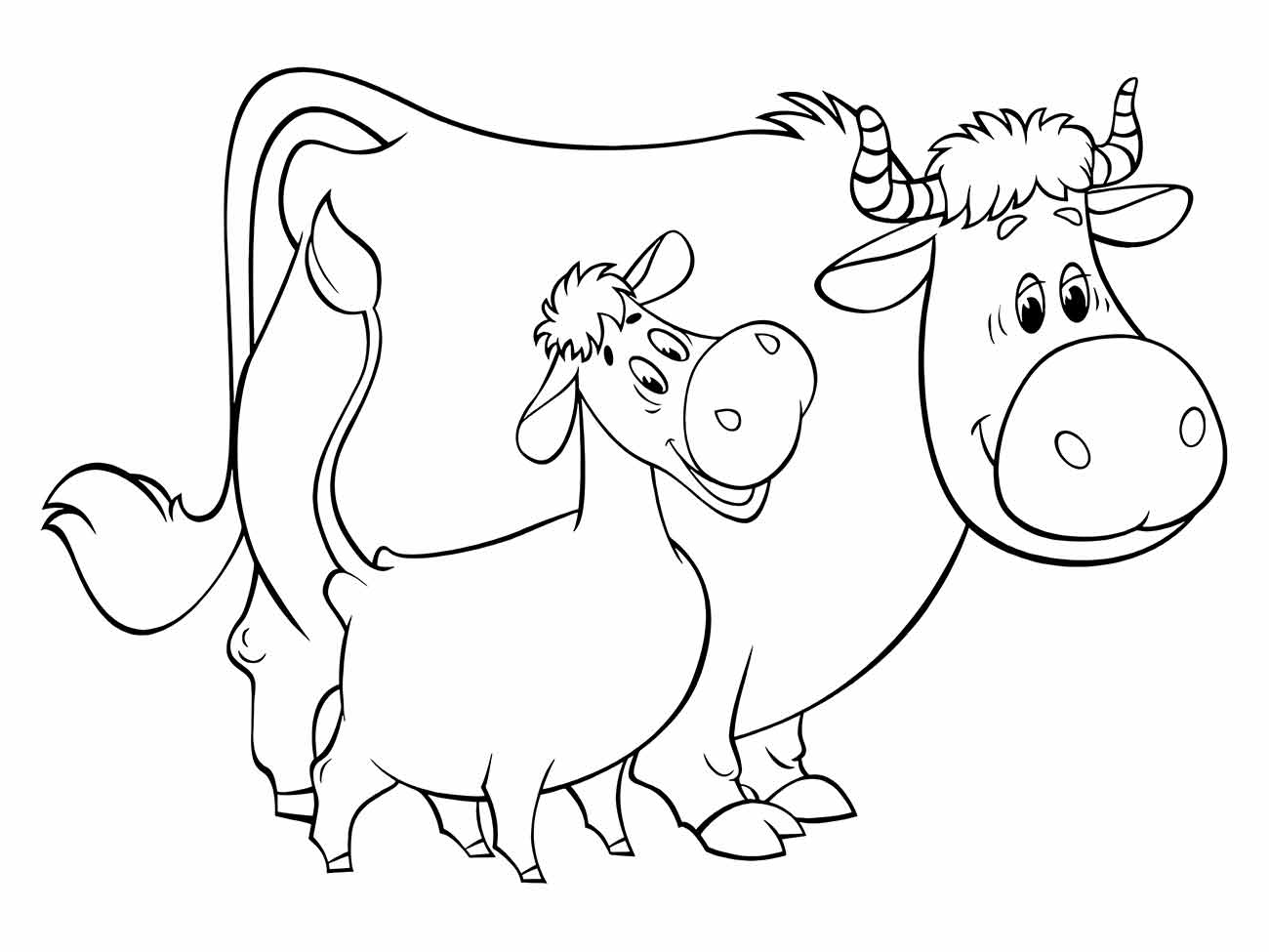 Desenho para colorir de uma vaca grande e um bezerro com um estilo amigável.