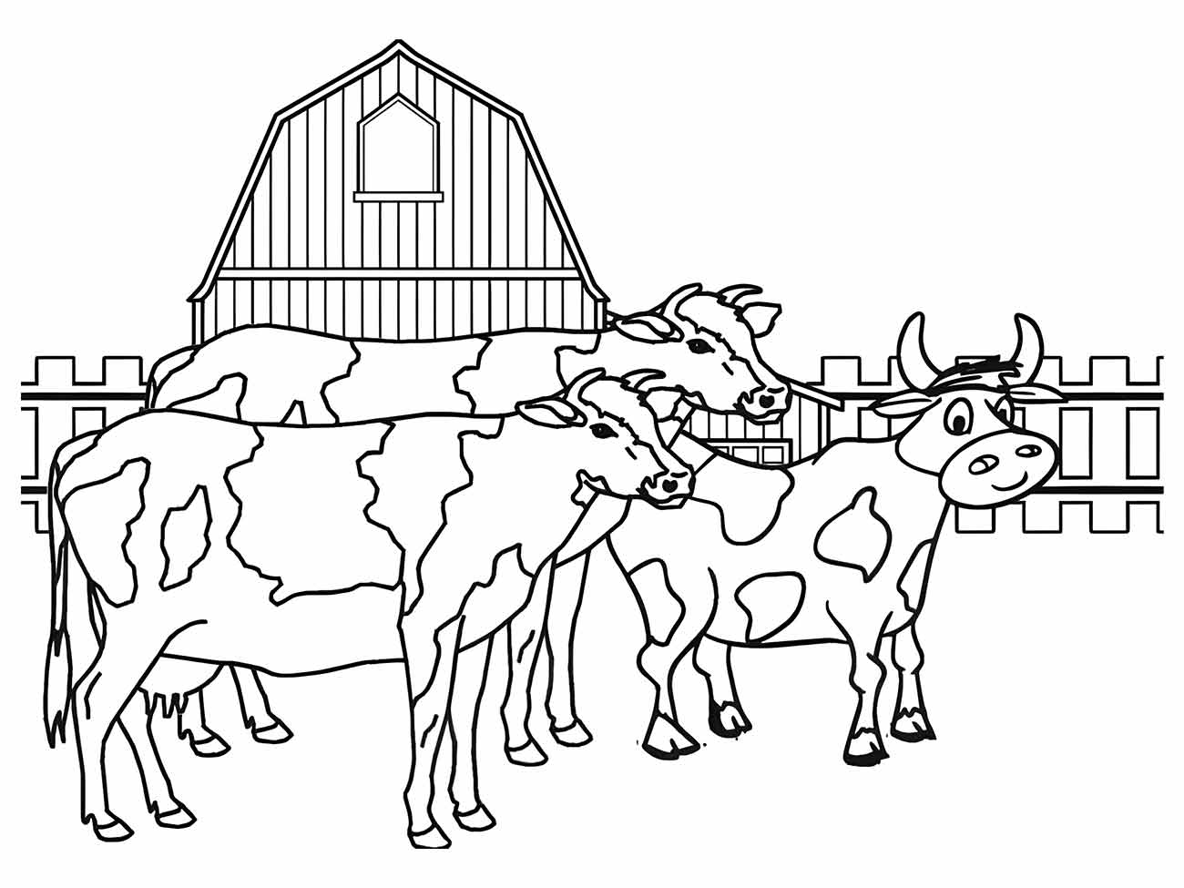 Desenho para colorir de um rebanho de vacas diante de um celeiro, perfeito para atividades rurais.