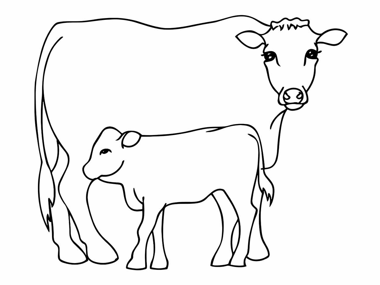 Desenho para colorir de uma vaca e um bezerro, com detalhes realistas e prontos para colorir.