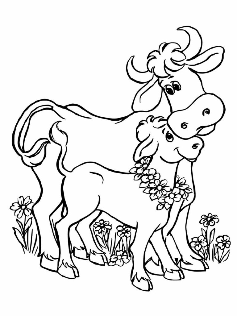 Desenho para colorir de uma vaca mãe carinhosa com seu bezerro entre flores.