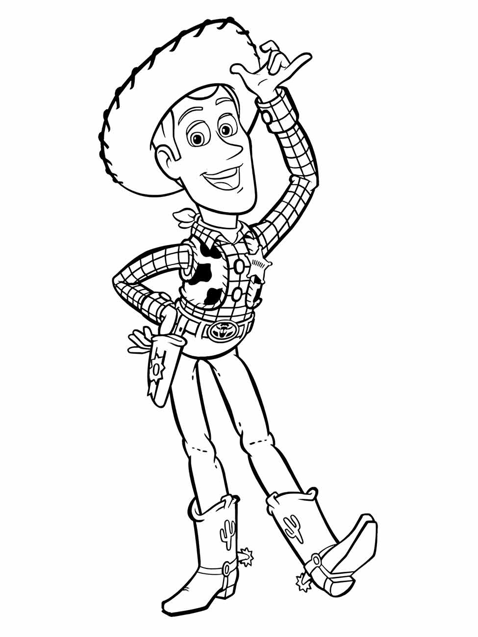 desenho para colorir de Xerife Woody saudando com a mão no chapéu.