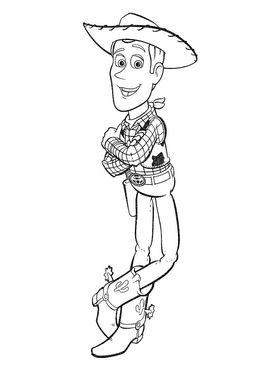 desenho para colorir de Xerife Woody com os braços cruzados.