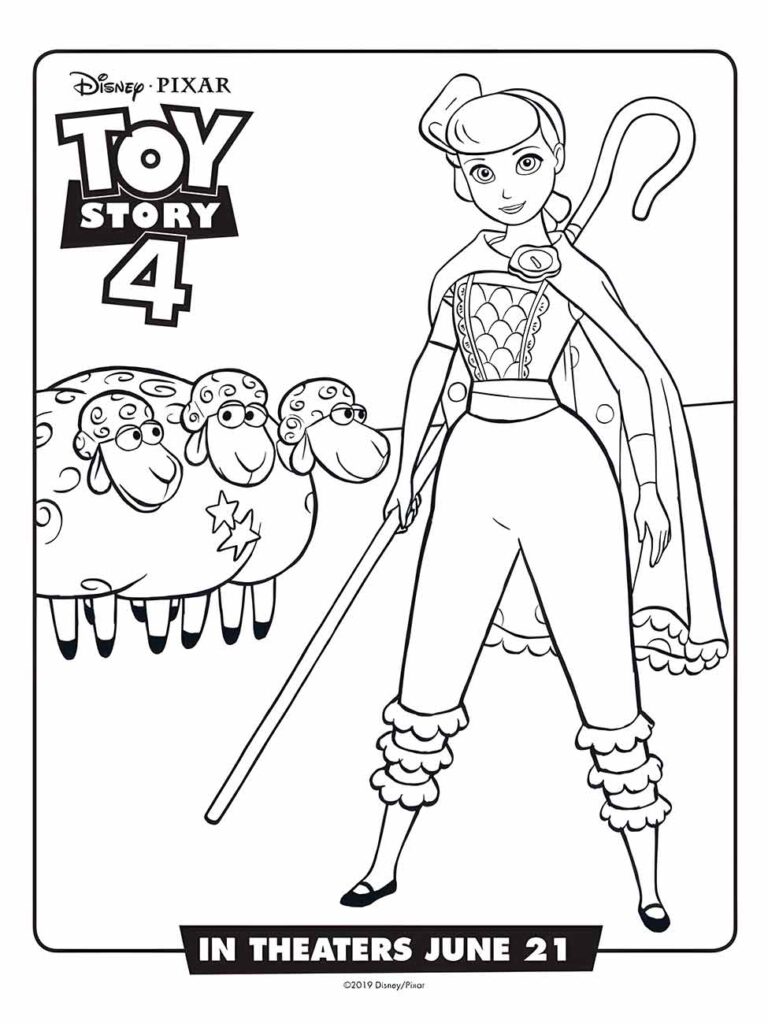 Desenho para colorir de Betty (Pastora) com seu cajado e ovelhas ao fundo, promovendo "Toy Story 4".