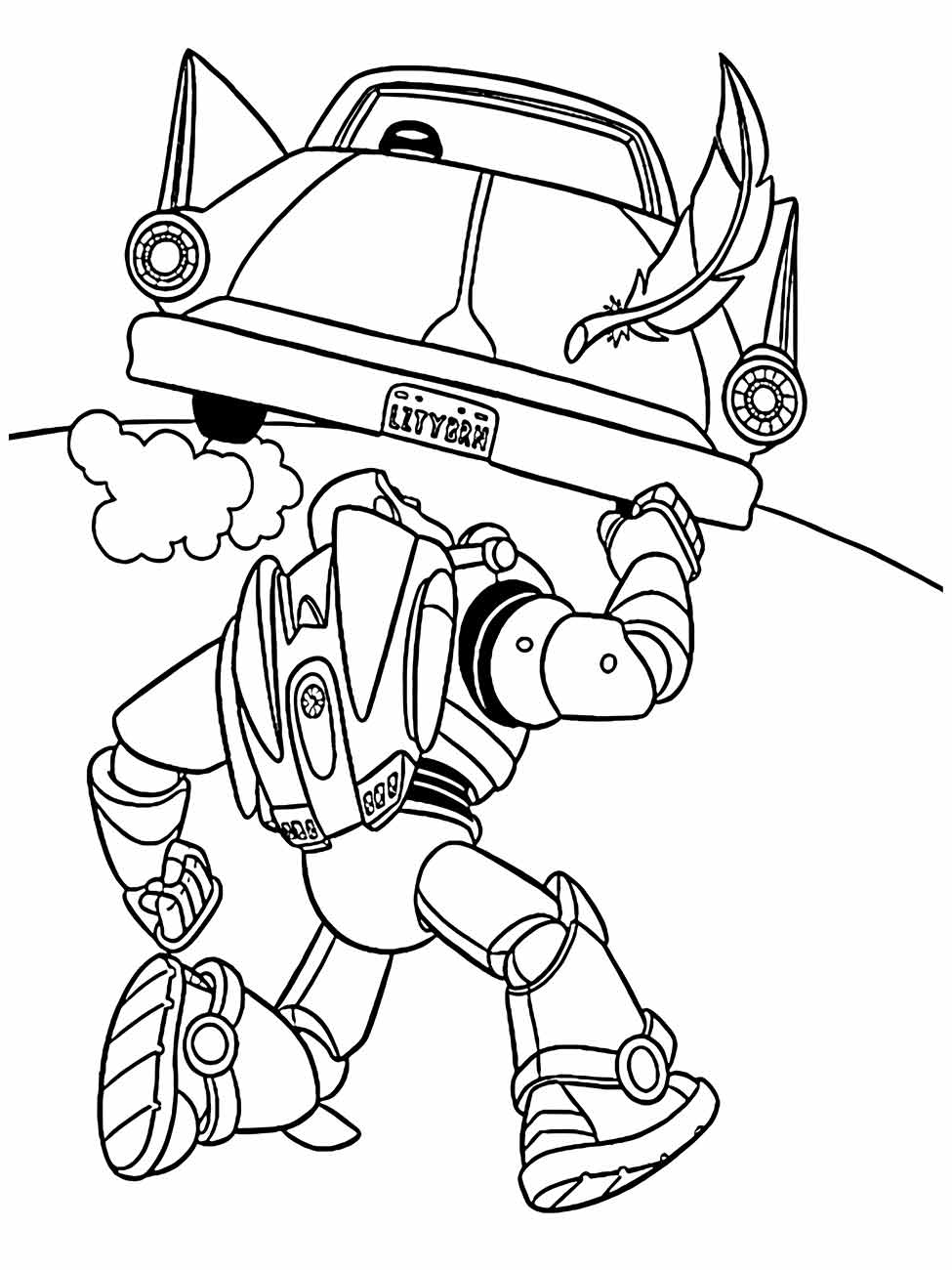 Desenho para colorir de Buzz Lightyear com um carro clássico ao fundo.