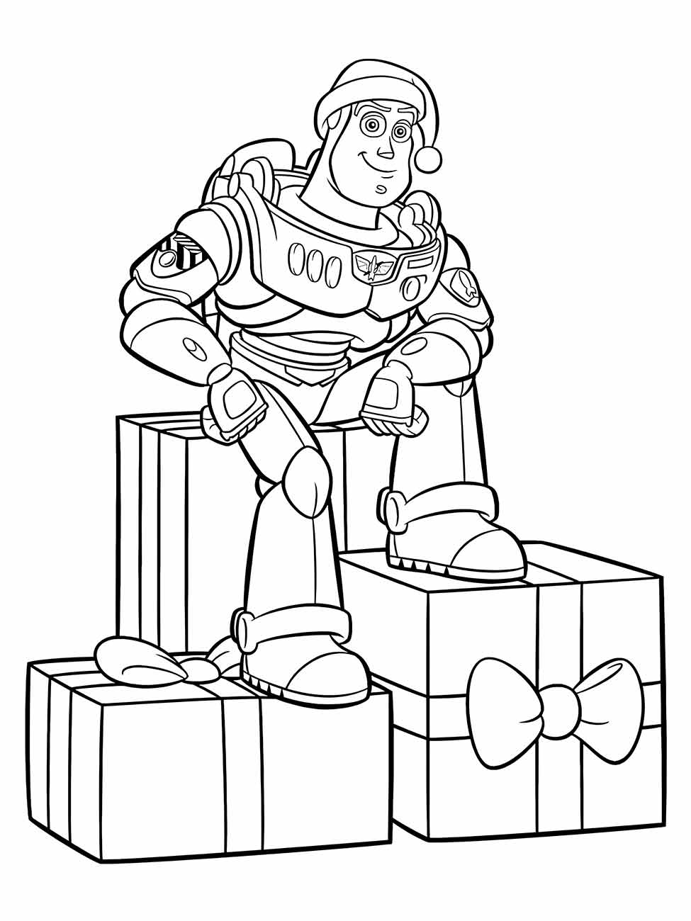 Desenho para colorir de Buzz Lightyear sentado em caixas de presente.