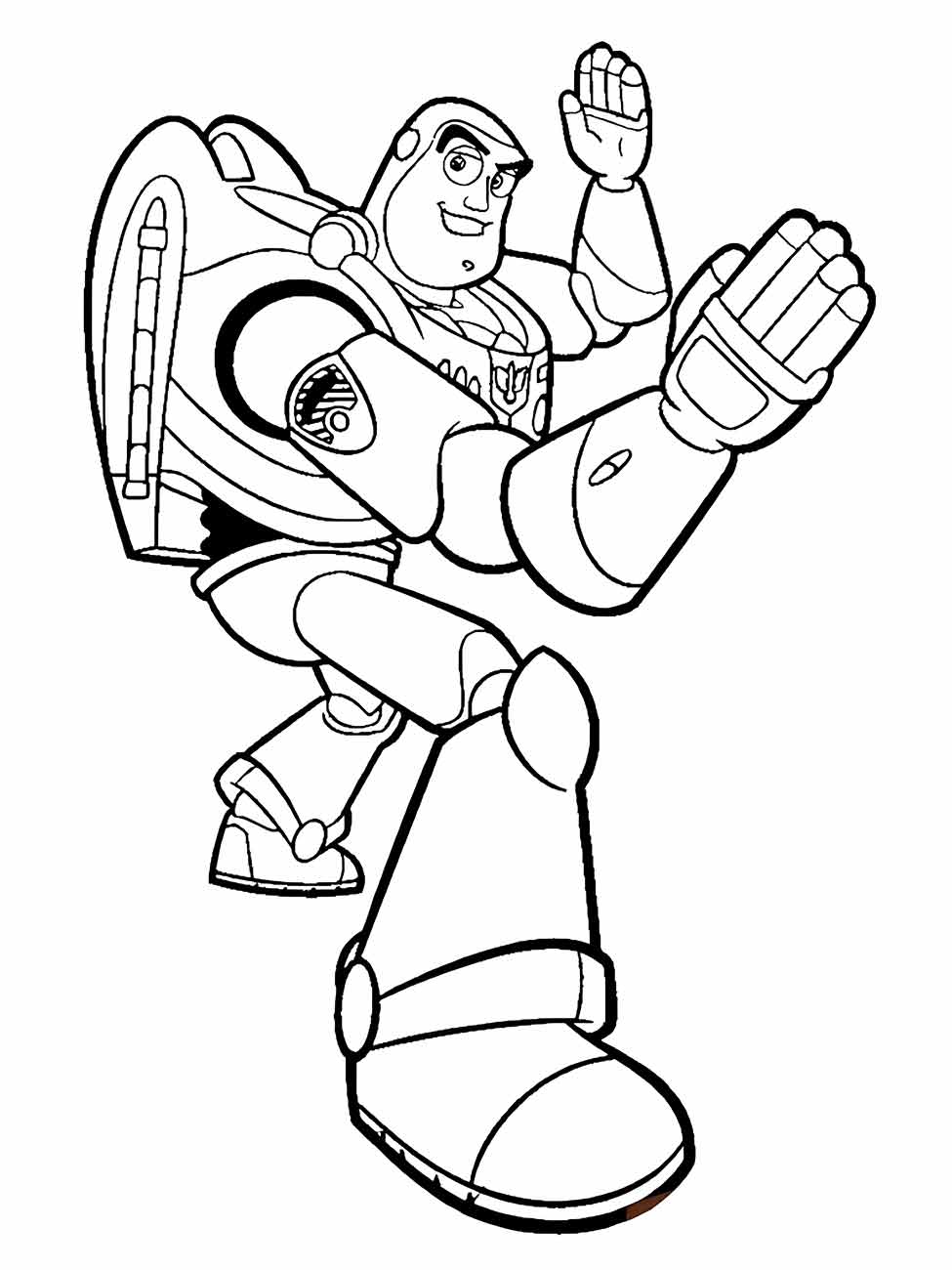 Desenho para colorir de Buzz Lightyear voando com o braço estendido.