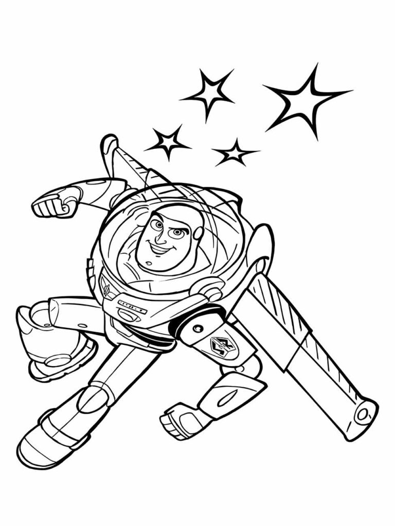 Desenho para colorir de Buzz Lightyear no espaço com estrelas ao redor.