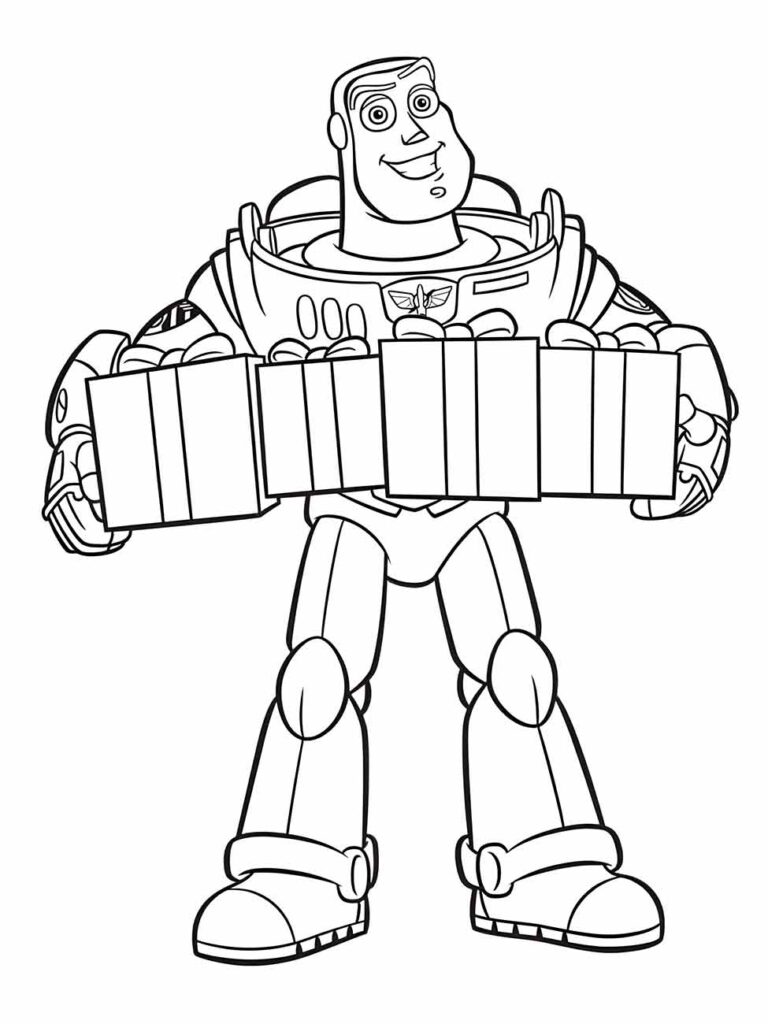 Desenho para colorir de Buzz Lightyear segurando uma caixa de presente.