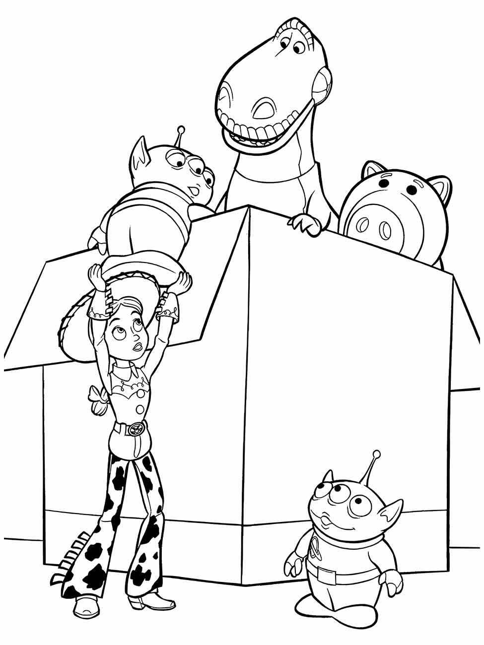 Desenho para colorir de Jessie com os braços para cima, ao lado de Slinky Dog, Rex, e Porquinho.