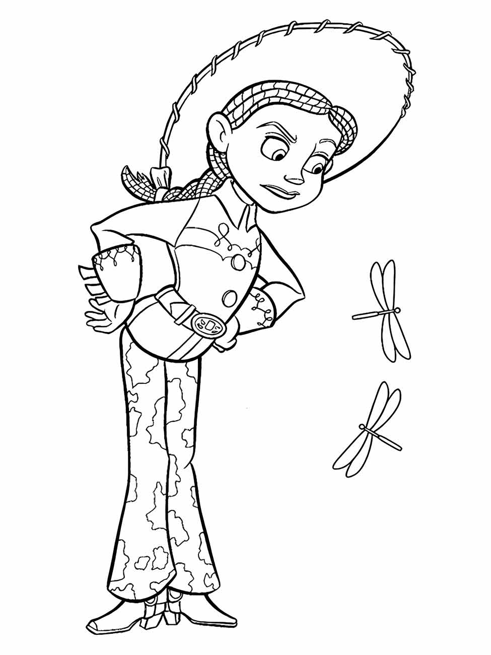 Desenho para colorir de Jessie, a Yodeling Cowgirl, com as mãos na cintura ao lado de libélulas.